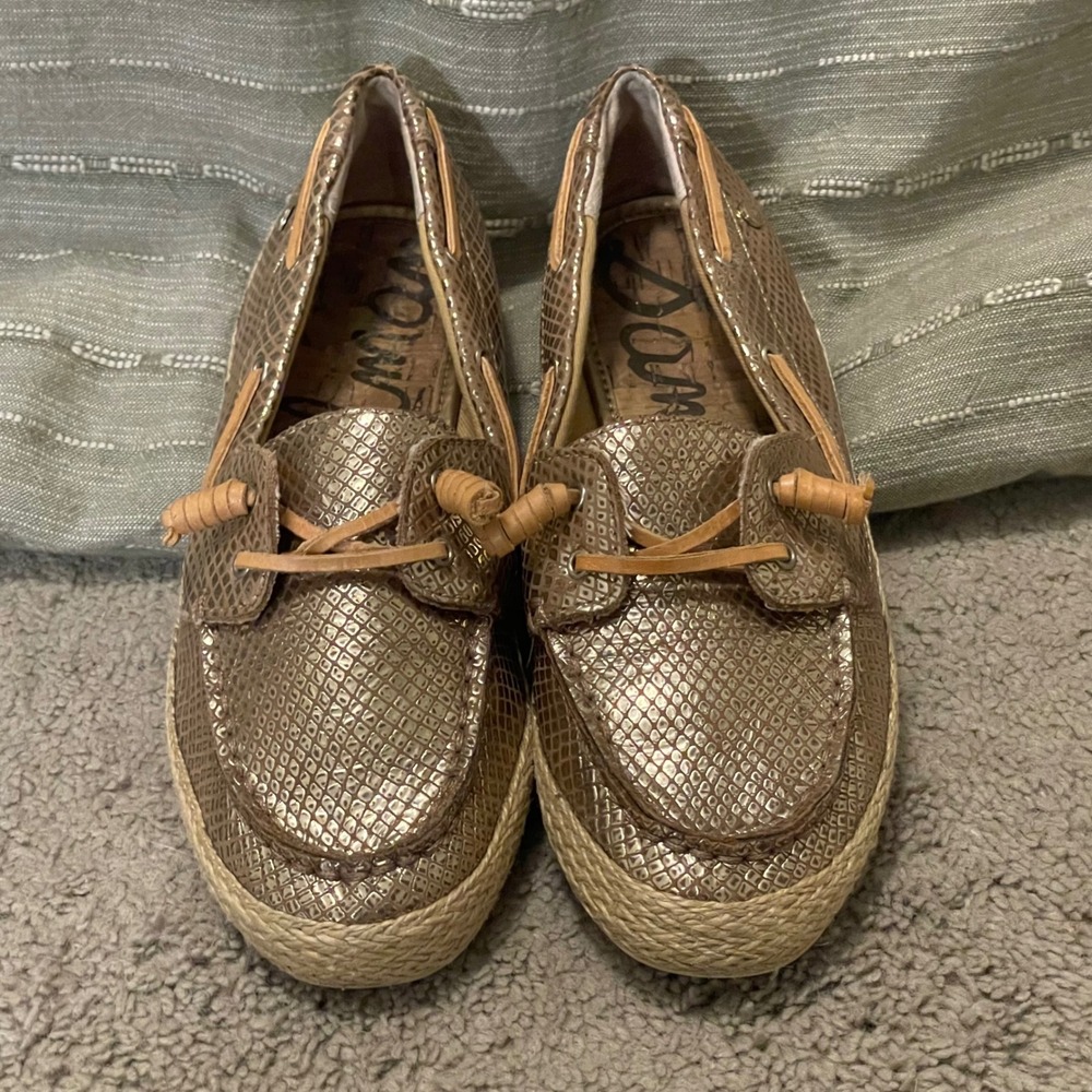 Sam Edelman Women's Metallic Gold Snake Print Espadrille Boat Shoes Loafers